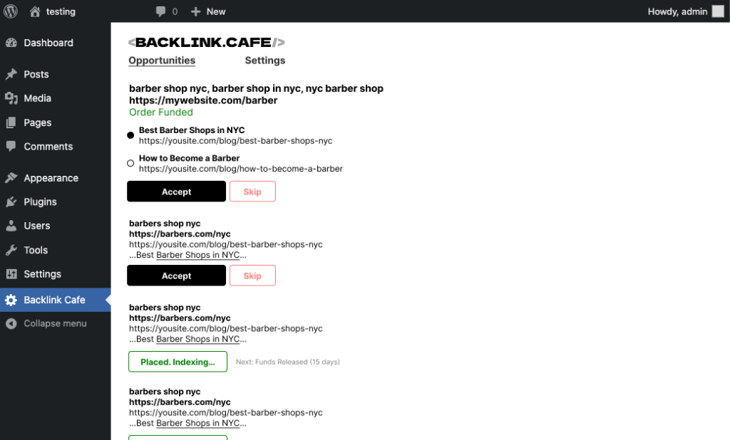 Backlink Cafe WordPress Plugin Dashboard